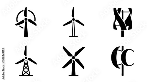 collection of wind turbine, 6 filled black minimal icon vector set , white background , PNG and SVG isolate