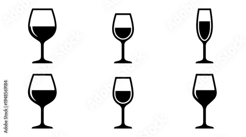 collection of wine glass, 6 filled black minimal icon vector set , white background , PNG and SVG isolate