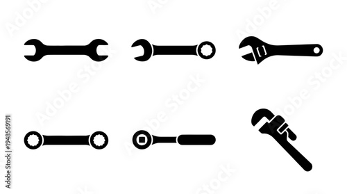 collection of wrench spanner, 6 filled black minimal icon vector set , white background , PNG and SVG isolate