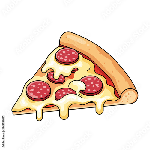 Vibrantly colored cartoon illustration of a mouthwatering single slice of pepperoni pizza, generously topped with melted cheese, perfect for a cheerful culinary design or menu graphic