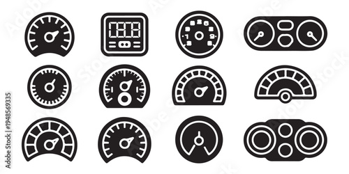 Bold silhouette speedometer icons featuring thick lines and solid fills for automotive interface design set