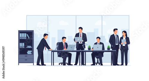 An illustration depicting a dynamic team of business professionals actively collaborating and strategizing during a crucial meeting in a modern office.