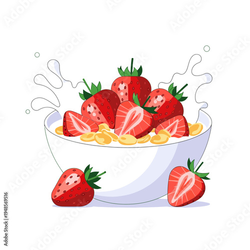 Fresh Strawberries and Cereal in a Bowl with Milk Splash - Healthy Breakfast Illustration