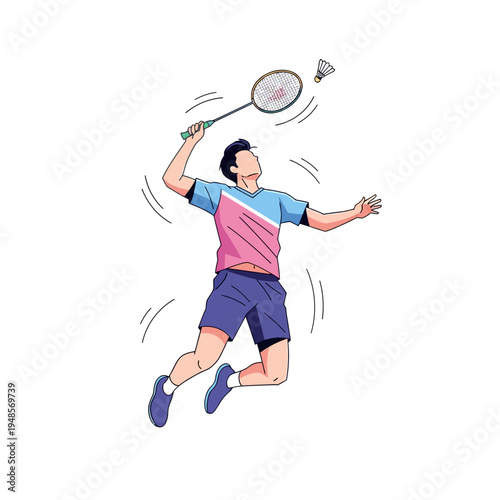 Dynamic male badminton player in mid-air executing a powerful overhead smash with a racket and shuttlecock, embodying agility and competitive spirit on the court