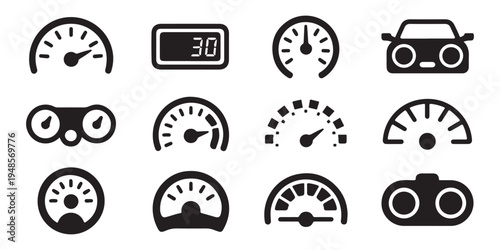 Variety of black and white automotive icons, including speedometers, car, and digital display