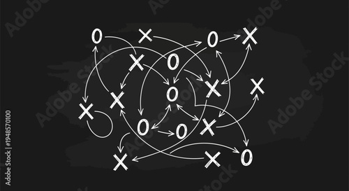 Abstract chaotic tic-tac-toe game with Xs and Os and arrows on black background, representing complex strategy and decision making