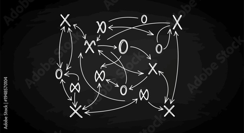 Abstract chalk drawing of a chaotic tic-tac-toe game with Xs, Os, and infinity symbols on a blackboard