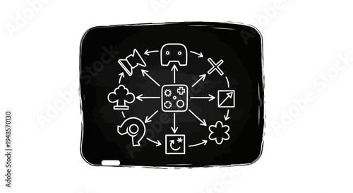Diagram of game elements and strategy, strategy game board, board game icons, game development concept, fun and leisure