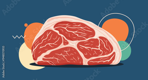 Large slab of fresh raw beef with marbling shown against a modern flat background featuring abstract shapes and circles in warm tones.