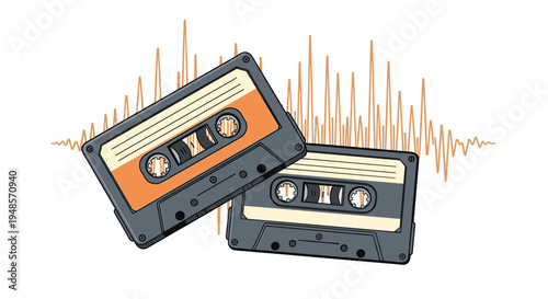 Pair of vintage audio cassette tapes resting against a stylized sound wave background representing music recording and analog technology.