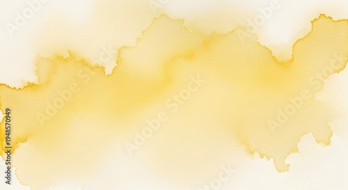 Abstract watercolor stain washes of warm yellow ochre blended on a light cream textured paper background creating organic irregular cloud like shapes and textures suitable for artistic designs