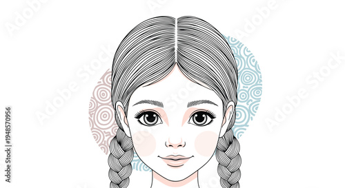 Stylized portrait of a young girl with braided hair and large expressive eyes set against a background of circular geometric patterns.