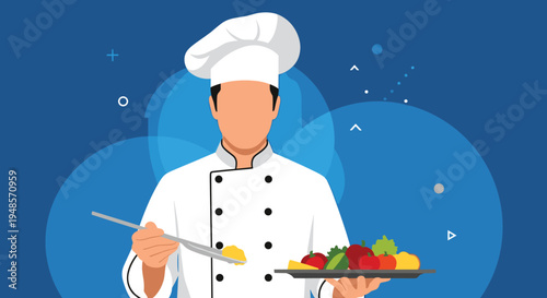 Professional chef wearing a traditional white uniform and hat holding a tray of colorful fresh vegetables and fruits in a flat illustration style.