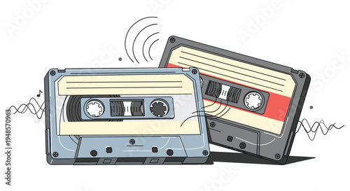 Two classic plastic audio cassette tapes illustrated with musical notes and sound waves to represent retro music culture and analog recording media.