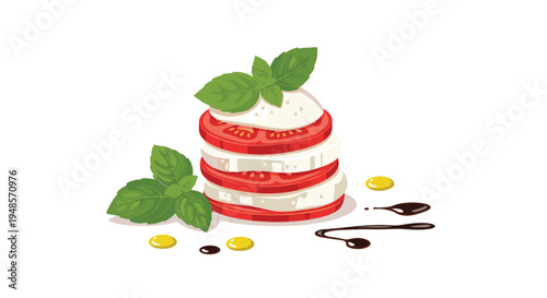 Elegant stack of sliced tomatoes and mozzarella cheese topped with fresh basil leaves and drizzled with balsamic glaze and olive oil drops.