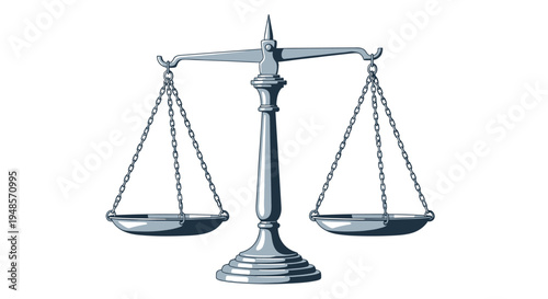 Balanced scales of justice made of silver metal representing law, equity, fairness, and the legal system in a clean and professional graphic style.