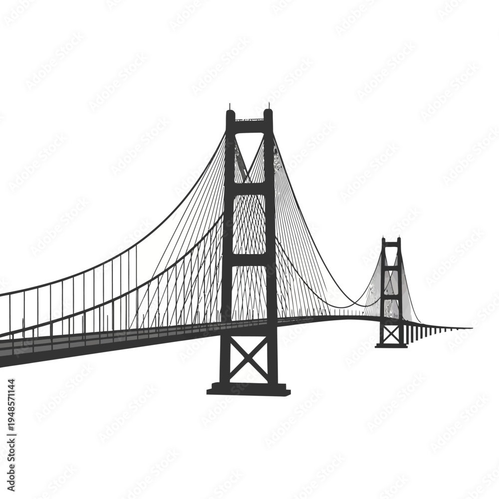 Fototapeta premium Classic black and white vector graphic of a majestic suspension bridge, showcasing architectural grandeur and urban connectivity, presented cleanly on a white background