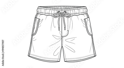 Pair of mens swim shorts or athletic trunks with a drawstring waistband shown in a detailed line art fashion illustration style on white.