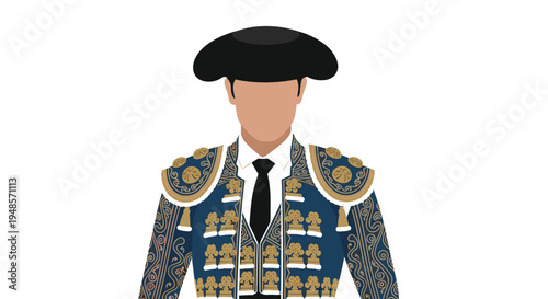 Frontal view of a bullfighter wearing a traditional ornate blue and gold suit of lights costume and a classic black montera hat in flat style.