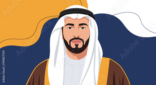 Portrait of a handsome middle eastern man wearing a white ghutra and agal traditional headpiece against a modern abstract wavy background.
