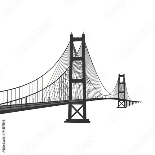 Classic black and white vector graphic of a majestic suspension bridge, showcasing architectural grandeur and urban connectivity, presented cleanly on a white background