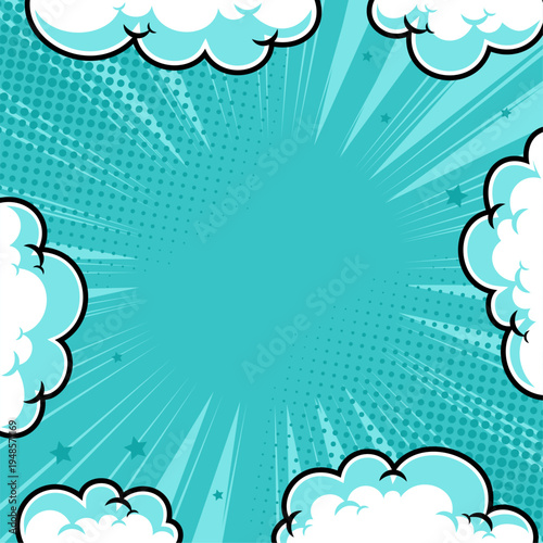 Pop Art Sky Background with Clouds Comic Style Halftone Explosion social media Template 