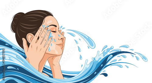 Young woman splashing her face with fresh clean water representing skincare routine, beauty, hygiene, and refreshing morning habits in a soft style.