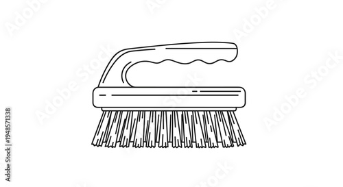 Handheld cleaning scrub brush with a handle and stiff bristles shown in a clean black and white line art style for household chore themes.