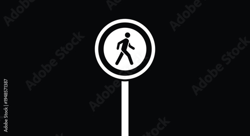 Circular traffic sign showing a white silhouette of a person walking against a black background representing pedestrian safety and road rules.