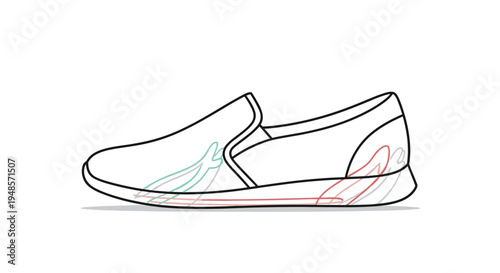 Pair of casual slip-on sneakers or shoes shown from a side profile in a clean black and white line art illustration style for footwear themes.