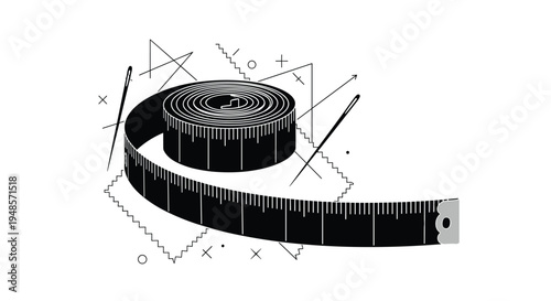 Flexible measuring tape coiled alongside sewing needles and fabric swatches in a black and white line art style for tailoring and fashion.