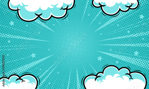 Pop Art Comic Sky Background with Clouds and Halftone Radial Burst Vector Illustration