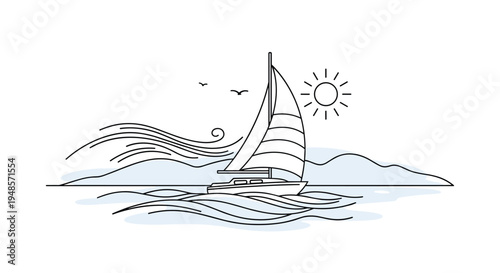 Small sailboat navigating gentle waves with a bright sun and mountains in the distance shown in a simple black and white line art style.