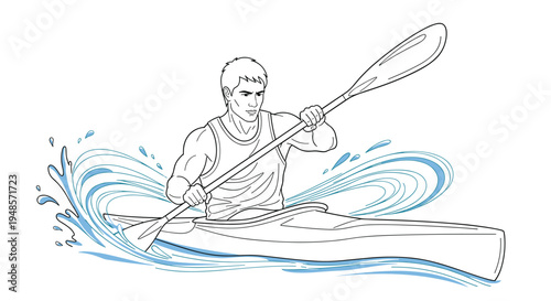 Athletic man paddling a kayak through splashing water shown in a clean black and white line art illustration for sports and outdoor adventure.