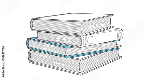 Stack of four hardcover books with one book having a blue cover shown in a detailed line art style representing reading and library resources.