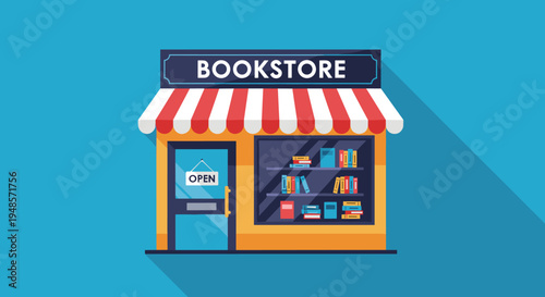 Charming bookstore storefront with a red and white striped awning and a large window display of books under a blue sky in flat style.