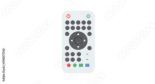Simple grey universal remote control with many circular buttons and a d-pad shown in a clean flat illustration style for electronic themes.