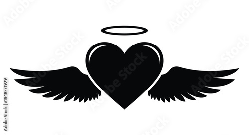 Stylized black silhouette of a heart with feathery angel wings and a floating halo symbol above it on a plain white background.