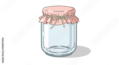 Clear empty glass storage jar with a decorative pink fabric lid cover secured with a thin white string tied in a pretty bow.