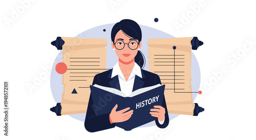 Intelligent woman wearing glasses reading a book titled History with ancient parchment scrolls and geometric symbols in the background.