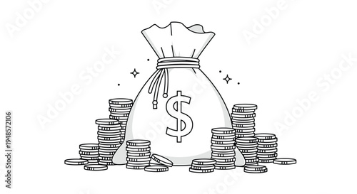 Large cloth sack tied at the top with a dollar sign on it surrounded by tall stacks of silver coins on a white background.