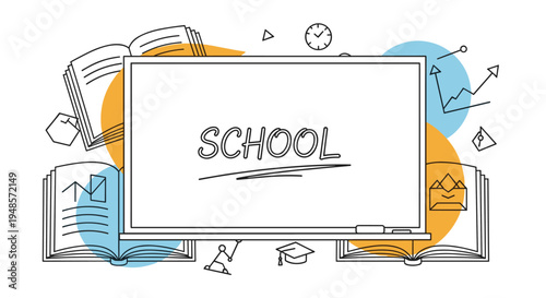 Large white dry-erase board with the word School written on it surrounded by open books, a clock, and various academic symbols.