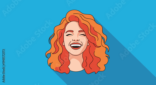 Vibrant portrait of a woman with large expressive eyes and bright curly orange hair laughing joyfully against a blue background.