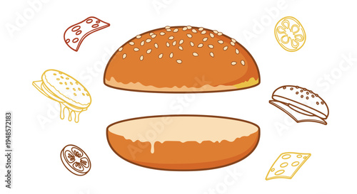 Top and bottom sesame seed burger buns with various ingredients like cheese, tomato, and lettuce floating around them on a white background.