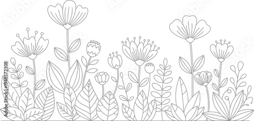 Vector floral pattern with tulips and grass in black and white