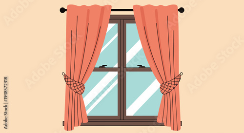 Brown wooden window frame with two glass panes and bright orange curtains pulled back and tied with a decorative mesh fabric.