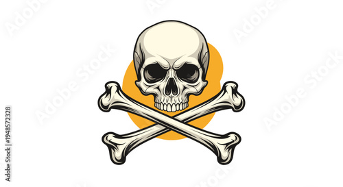 Detailed human skull with two crossed bones underneath it set against a bright orange circular background in a classic pirate style.