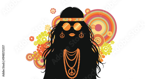 Bohemian style hippie woman silhouette wearing round sunglasses and peace symbol jewelry on retro floral background.