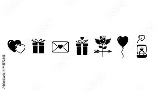 Black love heart and gift icons vector set romantic valentines symbols