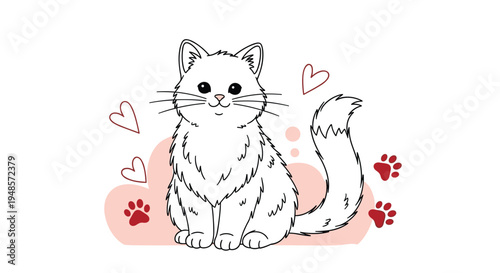 Adorable white fluffy cat illustration sitting peacefully surrounded by pink hearts and red paw prints on white background.